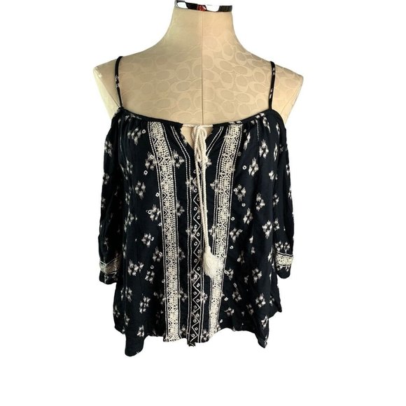 Small Band of Gypsies Women's Black White Boho Style Blouse Flowy - Picture 1 of 7